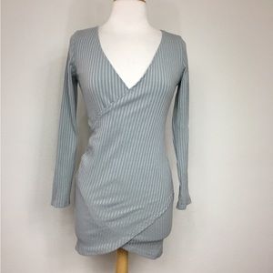 New Amazon Gray Ribbed V Neck Long Sleeve Stretch Faux Wrap Mini Dress Size M